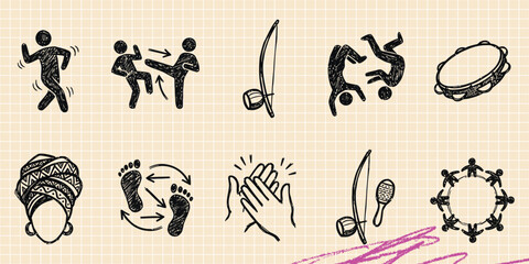 Obraz premium Black ink scribble doodle vector vintage hand drawn set of martial arts karate fighting and sports