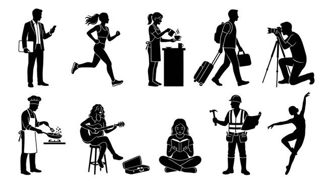 Diverse Professions Silhouettes: Cooking, Running, Photography, Dancing, Reading, Construction