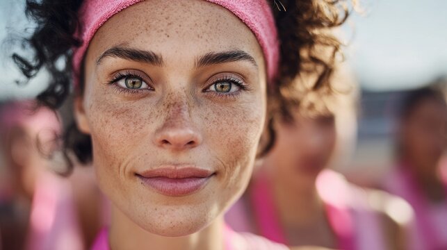 portrait of a woman with freckles and green eyes, wearing a pink headband