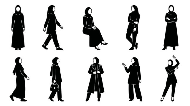 Diverse Muslim Women in Hijab Flat Silhouette Vector Set - People, Culture  Modest Fashion