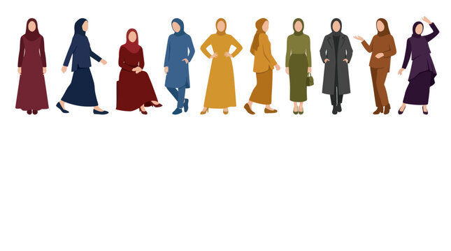 Diverse women in stylish hijab outfits - Islamic fashion illustration