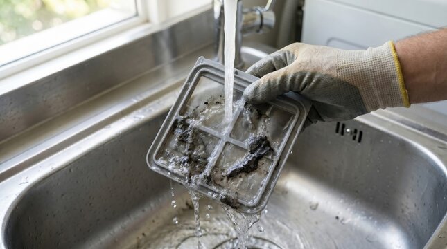 Cleaning Washing Machine Filter Under Running Water Maintenance Concept