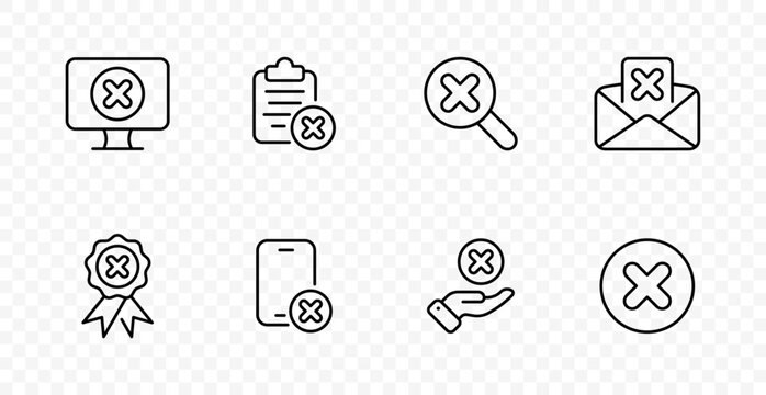 Error cancel set icon. System failure, rejected checklist, search mistake, deleted message, invalid certificate, blocked phone, denied support, close action
