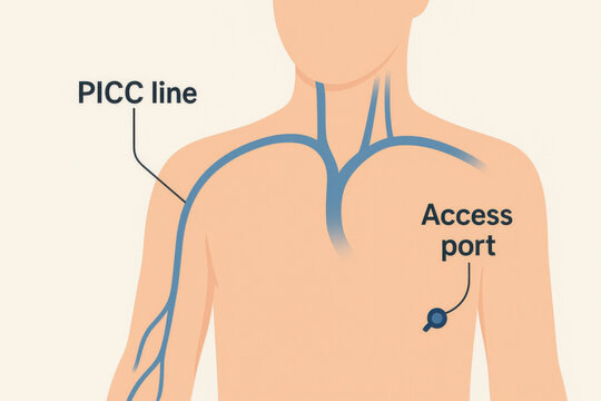 Medical clinical diagram and clear illustration showing human anatomy. This labeled infographic explains intravenous PICC line, access port, and catheter placement