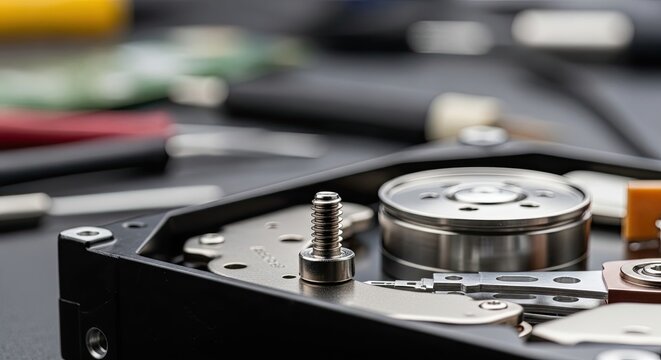 Close-up of an open hard drive with visible internal components and tools in the background.