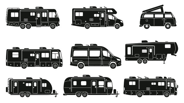 Black  White Vector Icons of Various Campers and RVs