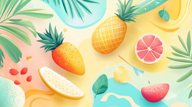 111.Colorful tropical illustration featuring stylized fruit, beach accessories, and palm details, arranged with soft gradients and dynamic shapes to evoke a cheerful summertime atmosphere.