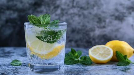 Fototapeta premium 22.Glass of water with lemon slice and mint leaves
