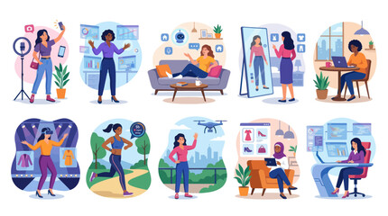 Fototapeta premium Flat Vector Art: Diverse Women's Modern Digital Lifestyles Technology Scenes