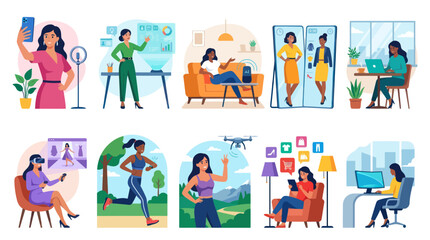 Fototapeta premium Flat Vector Illustrations of Modern Women Engaging with Digital Technology and Lifestyle
