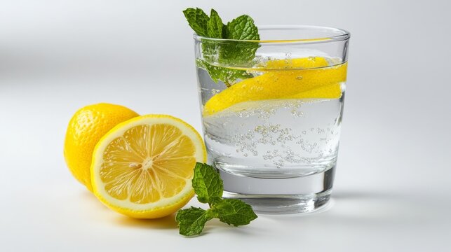 22.Glass of water with lemon slice and mint leaves