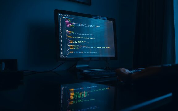 Close-up of computer screen with programming code and keyboard computer science programming