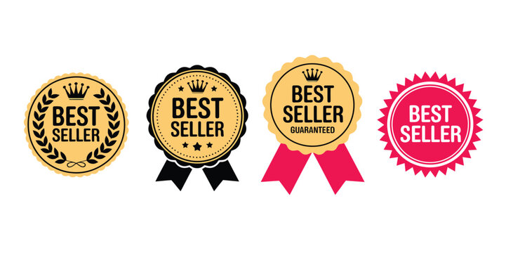 Sticker best seller premium gold and red badge icons isolated quality product label award style vector illustration design