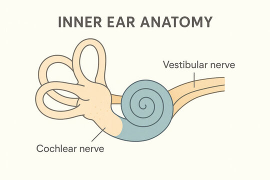 Clear medical illustration of inner ear anatomy. This labeled diagram shows cochlear nerve for hearing and vestibular nerve for balance, useful informative graphic