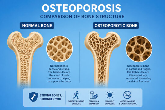 Osteoporosis comparison illustration showing normal vs porous bone texture. An educational medical diagram on clean blue background detailing bone structure for health awareness