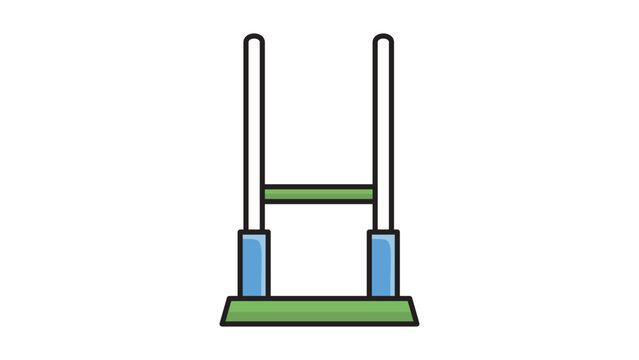 Rugby Goalpost Editable Stroke Vector Icon. Modern flat illustration of a sports goal post with blue padding and red crossbar on a green base, isolated on white background for web and print.