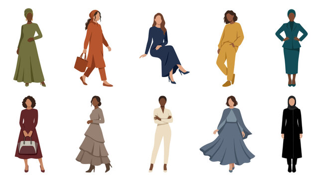 Diverse Women Flat Vector Illustration Set: Modest Fashion and Professional Attire Collection