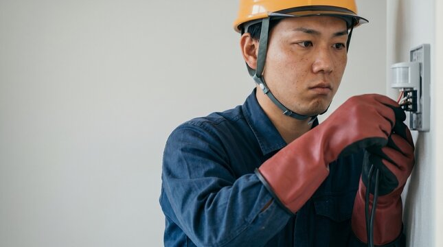 日本人男性の電気工事士が30代の真剣な表情で電気設備を点検する様子、絶縁手袋を着用して安全に配線作業を行う作業服の技術者、背景余白