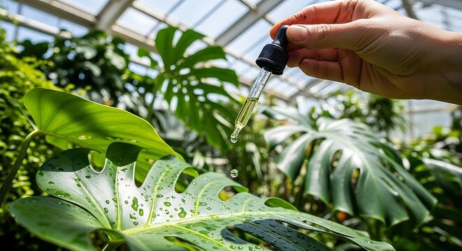 Tangan wanita meneteskan minyak esensial dari pipet ke atas daun monstera hijau melambangkan keharmonisan alam dan kosmetik organik