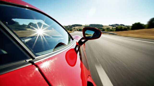 Red sports car driving on a sunny day with the sun reflecting in the windshield and side mirror