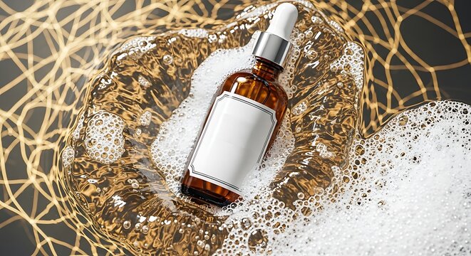 Botol serum kosmetik mewah bersandar pada pusaran air emas berbusa melambangkan eksklusivitas perawatan kulit premium kilau keremajaan abadi