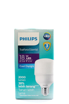 Close up a pack of Philips 18 W LED light bulb isolated on white background