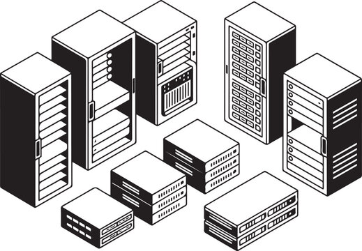 Data center network hardware with server racks and blade modules group.
