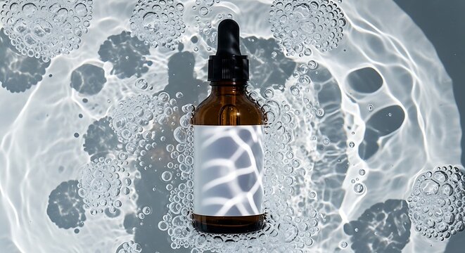 Botol pipet kaca amber berendam di dalam air jernih dengan gelembung melambangkan kemurnian serum hidrasi dan inovasi kecantikan modern