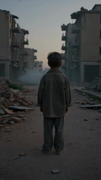 Child standing in destroyed city street with damaged buildings, vertical footage