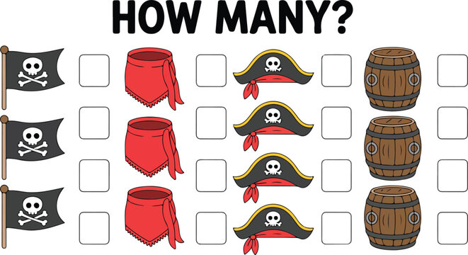 Pirate Counting Worksheet How Many Activity with Flags Hats Bandanas and Barrels Kids Math Sheet