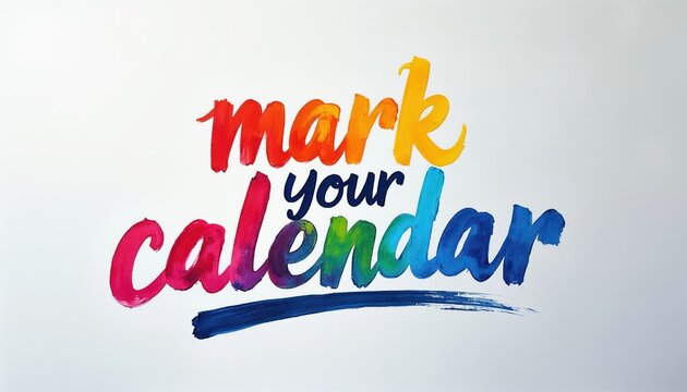 Colorful text art says mark your calendar with rainbow gradient ink. Message for event planning appointments important dates reminders. Save this important date, remember your meeting.
