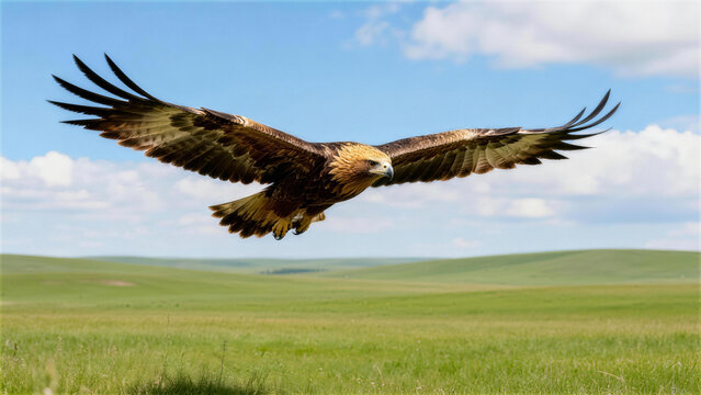 Golden Eagle Soaring High: A majestic golden eagle, wings outstretched, soars gracefully through a clear, blue sky above a verdant grassland, embodying freedom and power.
