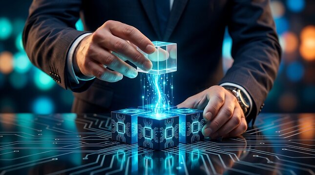 Businessman interacting with digital hologram of blockchain technology and cubes in a futuristic digital environment