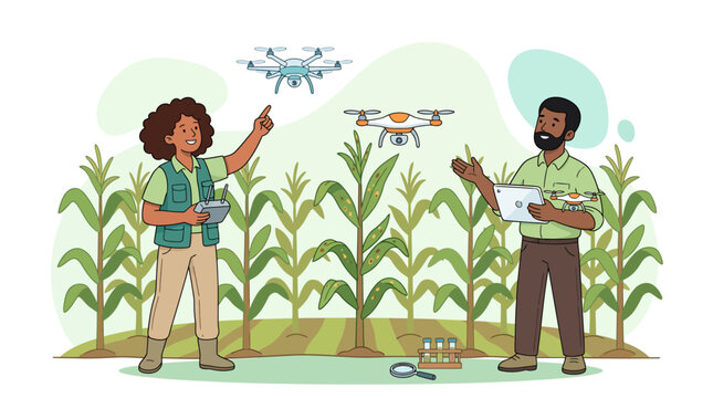 Modern agronomists using drones and digital tablets for precision crop monitoring and analysis in a cornfield