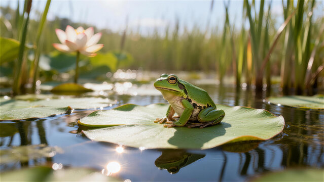Frog Serenity in a Pond: A charming frog perches serenely on a lily pad in a tranquil pond, with a lotus flower adding a touch of elegance to the calm surroundings.