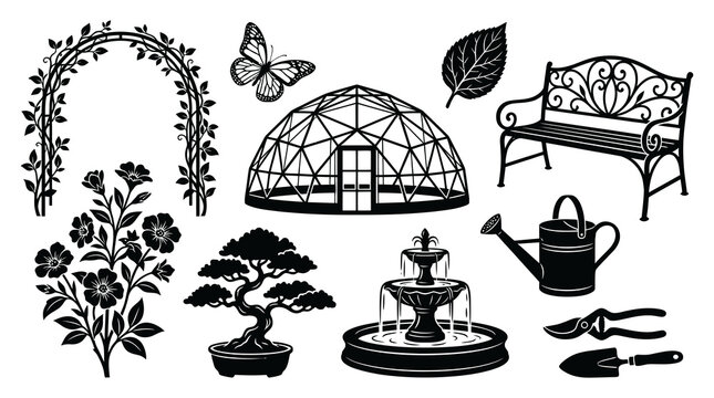 Gardening Black  White Silhouette Icons Set: Garden Tools, Plants, Greenhouse, Bench, Fountain