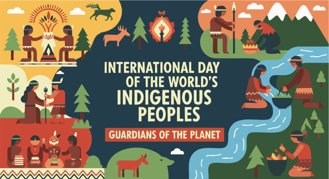 International Day of Worlds Indigenous Peoples celebration in vibrant colorful illustration with diverse cultural scenes for social media