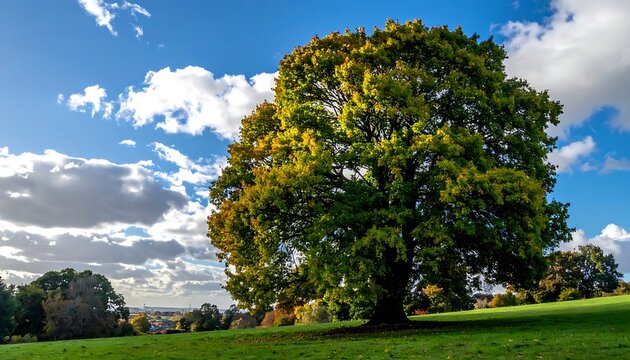 A large tree with changing leaves on a grassy hill under a cloudy blue sky