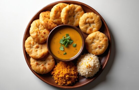 Rajasthani dal baati churma meal served with rice and chickpea crumble. This traditional Indian food includes baked wheat breads and spicy lentil curry. A rich, buttery, and savory platter.