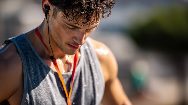 Sweaty male athlete wearing gray tank top and earphones outdoors focused on workout