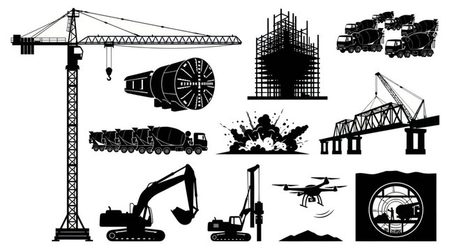 Industrial Construction Equipment  Infrastructure Vector Icons Set - Black White Silhouettes
