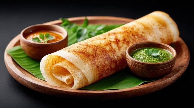Golden crispy dosa served with spicy chutney and sambar on a banana leaf
