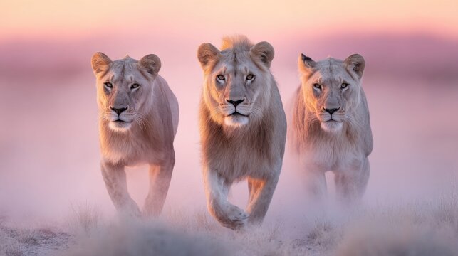 Three majestic lions running towards the camera through dust at sunset in Africa