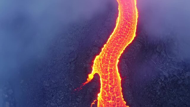 Volcanic eruption lava flow in dark night