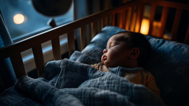 Sleeping baby in a crib with a soft blanket under moonlight by a window overhead view at night peaceful nursery