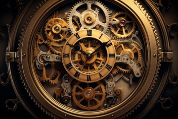 Fototapeta premium Golden clock face with roman numerals displaying complex internal gears turning and measuring time