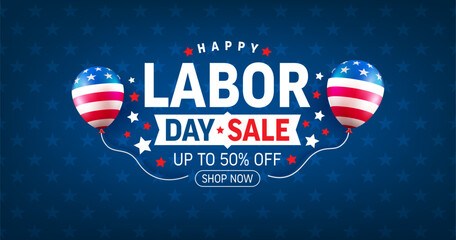 USA Labor Day Sale Banner and poster template.USA labor day celebration with american balloons flag on blue background.Sale promotion advertising banner template for USA Labor Day Brochures, © PixaFlow