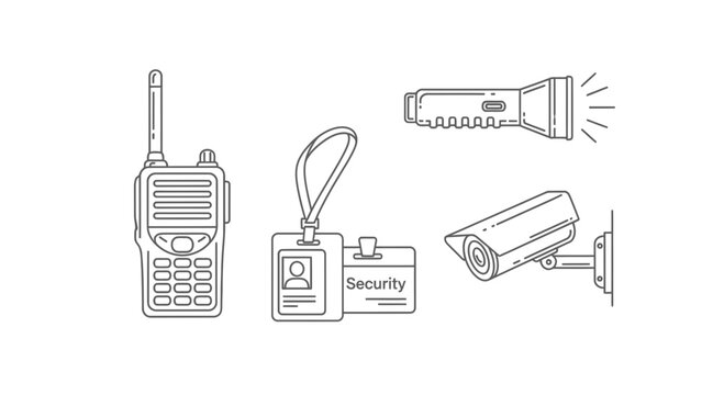 Security equipment: walkie-talkie, id badge, flashlight, surveillance camera. Vector illustration.