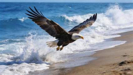 Naklejka premium Majestic Eagle in Flight Over Ocean: A bald eagle soars gracefully above the glistening ocean, its wings spread wide against a backdrop of crashing waves and golden sand.