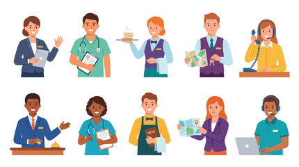 Fototapeta premium Diverse Professionals: Staff in Hospitality, Medical, Service, and Business Flat Art